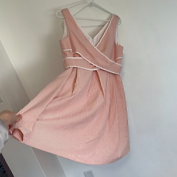 NINE WEST White Coral Orange Stripe Crossover Knee Fit & Flare Dress PETITE 14P - Picture 7 of 14